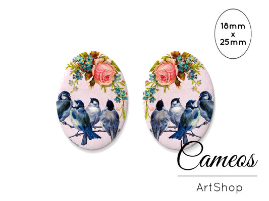 Oval Glass Cabochon 18x25mm Birds 2 pieces - O206 - Cameos Art Shop