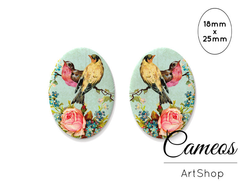 Oval Glass Cabochon 18x25mm Birds 2 pieces - O207 - Cameos Art Shop