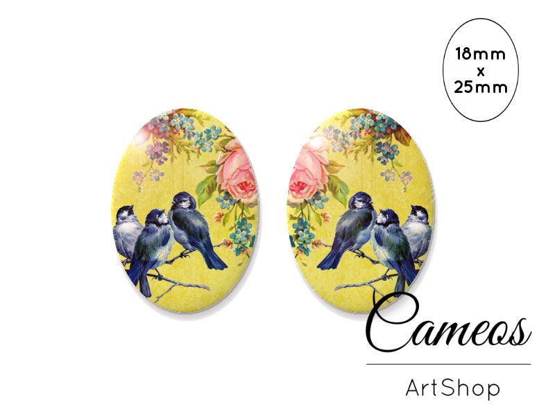Oval Glass Cabochon 18x25mm Yellow Birds 2 pieces - O208 - Cameos Art Shop