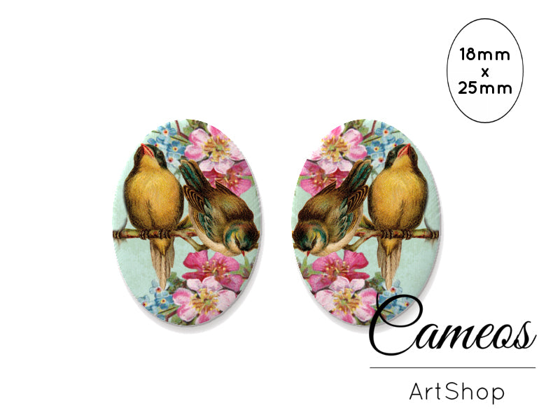 Oval Glass Cabochon 18x25mm Birds 2 pieces - O209 - Cameos Art Shop