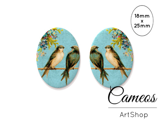 Oval Glass Cabochon 18x25mm Birds 2 pieces - O211 - Cameos Art Shop