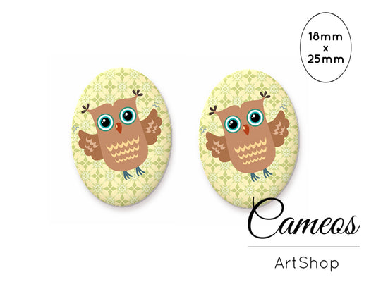 Oval Glass Cabochon 18x25mm Cute Owl 2 pieces - O215 - Cameos Art Shop
