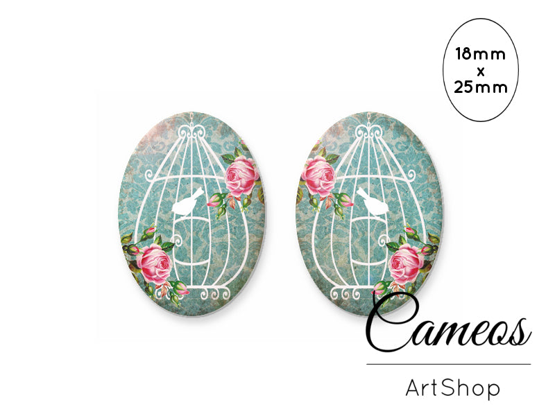 Oval Glass Cabochon 18x25mm Bird Cage 2 pieces - O235 - Cameos Art Shop