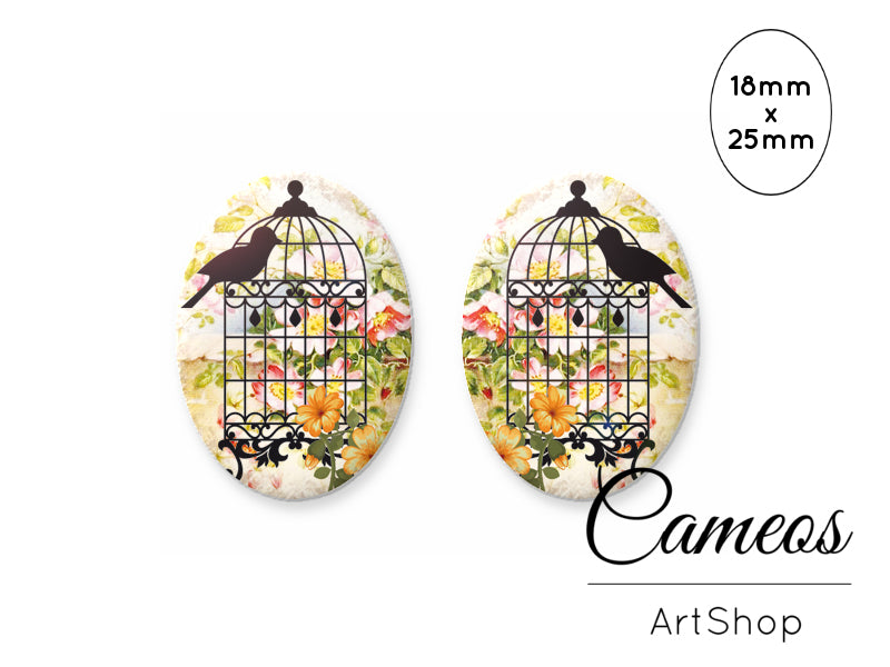 Oval Glass Cabochon 18x25mm Bird Cage 2 pieces - O236 - Cameos Art Shop