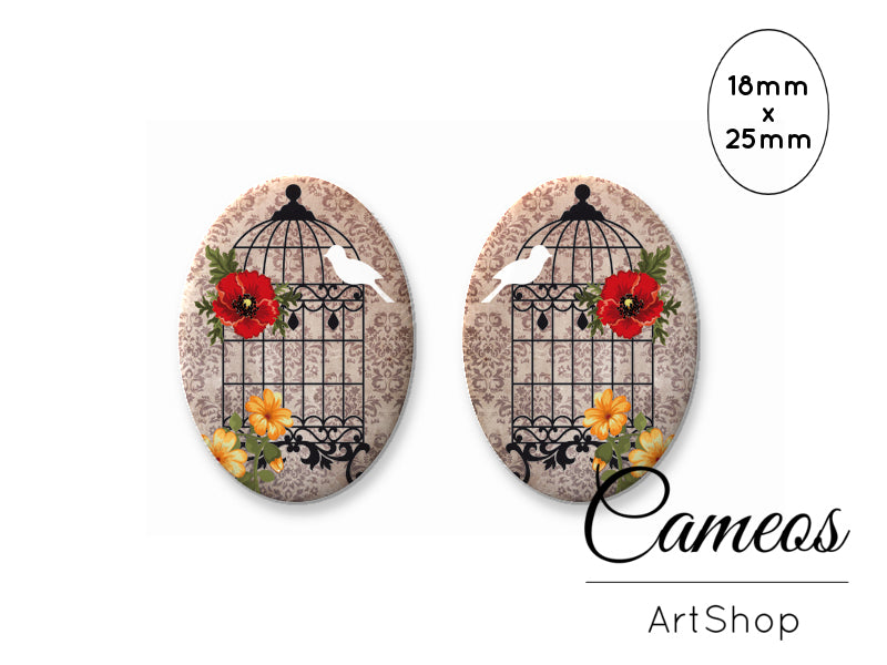 Oval Glass Cabochon 18x25mm Bird Cage 2 pieces - O237 - Cameos Art Shop