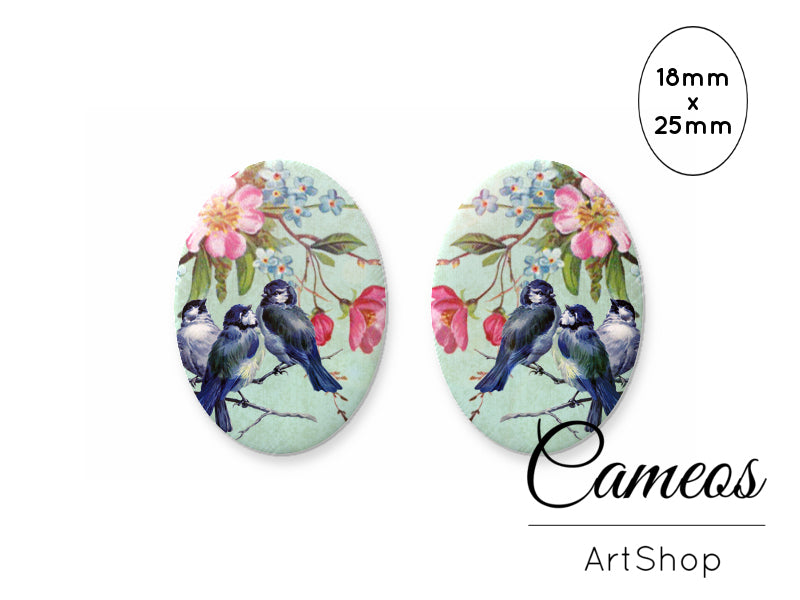 Oval Glass Cabochon 18x25mm Birds 2 pieces - O238 - Cameos Art Shop