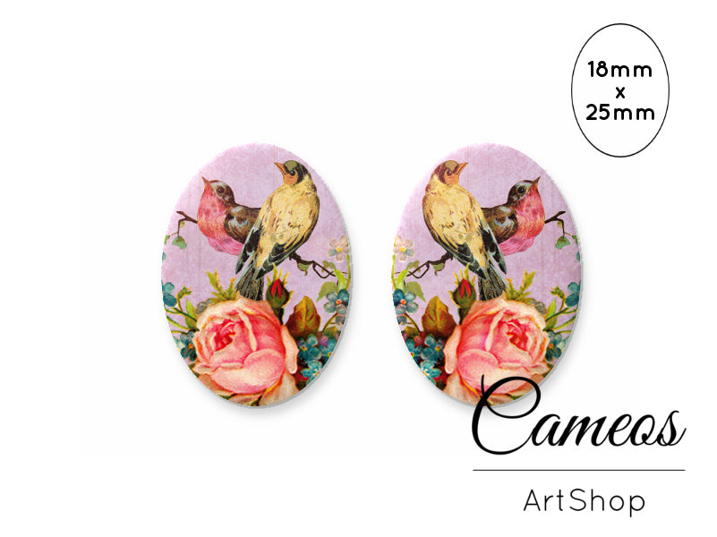 Oval Glass Cabochon 18x25mm Purple Birds 2 pieces - O239 - Cameos Art Shop