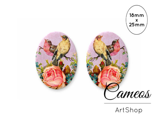 Oval Glass Cabochon 18x25mm Purple Birds 2 pieces - O239 - Cameos Art Shop