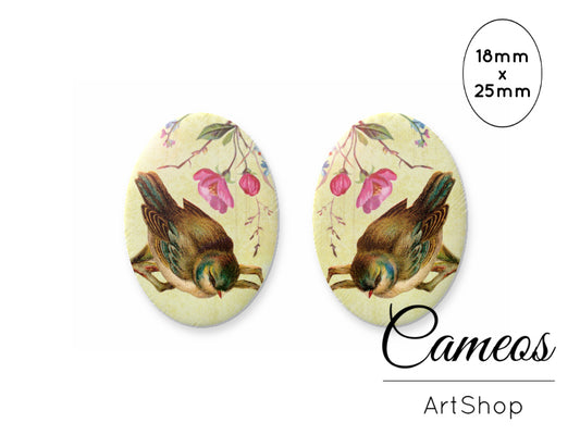 Oval Glass Cabochon 18x25mm Birds 2 pieces - O240 - Cameos Art Shop
