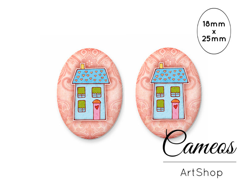 Oval Glass Cabochon 18x25mm Cute House Motive 2 pieces - O243 - Cameos Art Shop