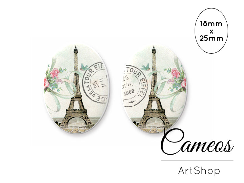 Oval Glass Cabochon 18x25mm Eiffel Tower 2 pieces - O247 - Cameos Art Shop