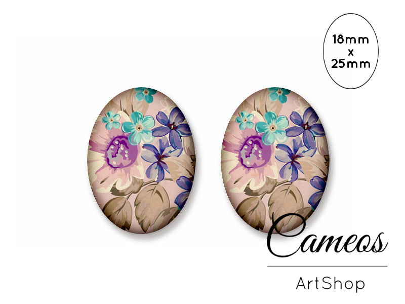 Oval Glass Cabochon 18x25mm Floral Motive 2 pieces - O248 - Cameos Art Shop
