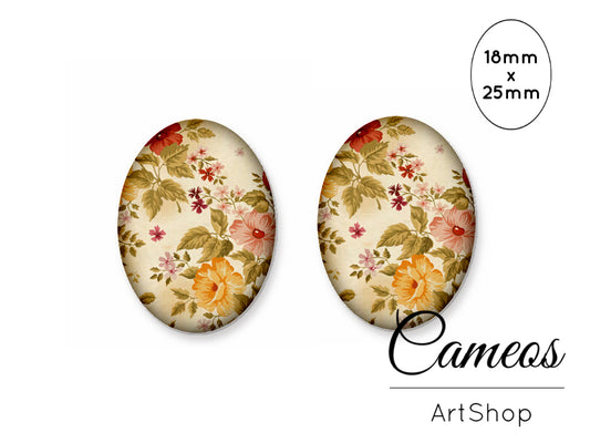 Oval Glass Cabochon 18x25mm Floral Motive 2 pieces - O249 - Cameos Art Shop