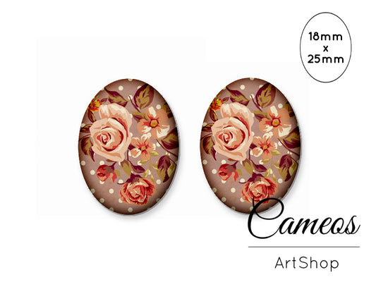 Oval Glass Cabochon 18x25mm Floral Motive 2 pieces - O250 - Cameos Art Shop