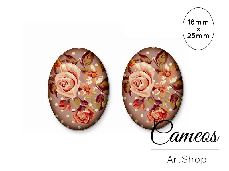 Oval Glass Cabochon 18x25mm Floral Motive 2 pieces - O250 - Cameos Art Shop