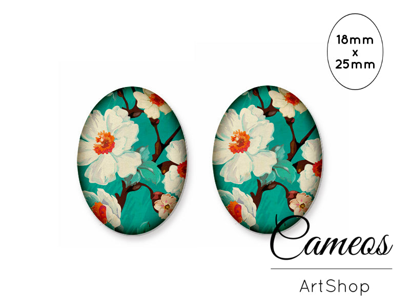 Oval Glass Cabochon 18x25mm Green Floral Motive 2 pieces - O251 - Cameos Art Shop
