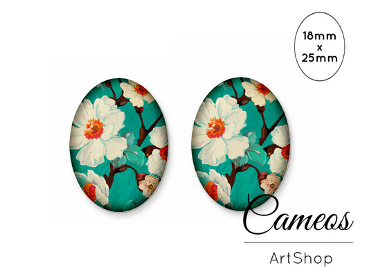 Oval Glass Cabochon 18x25mm Green Floral Motive 2 pieces - O251 - Cameos Art Shop