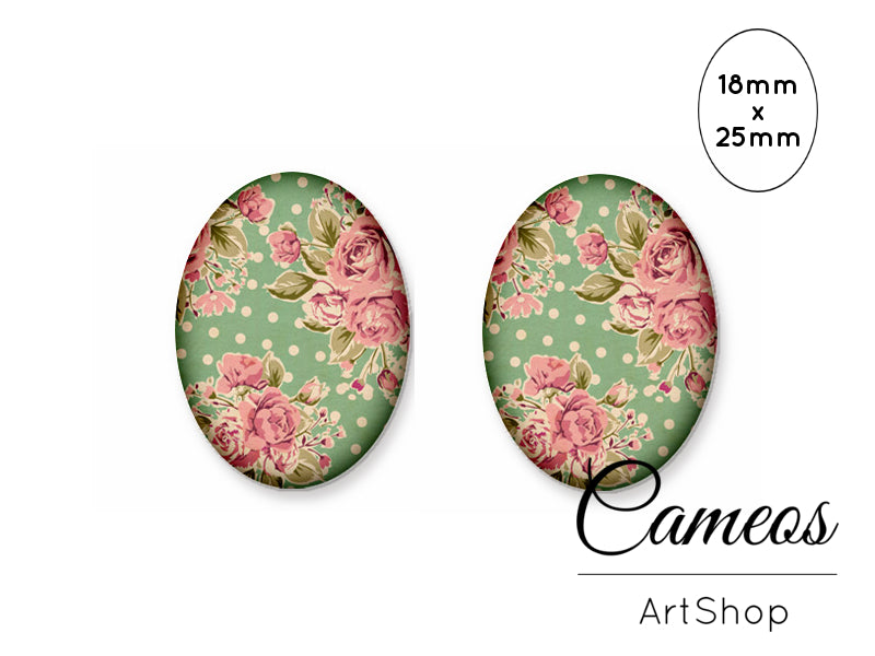 Oval Glass Cabochon 18x25mm Floral Motive 2 pieces - O252 - Cameos Art Shop
