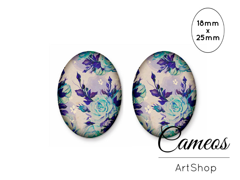 Oval Glass Cabochon 18x25mm Floral Motive 2 pieces - O253 - Cameos Art Shop