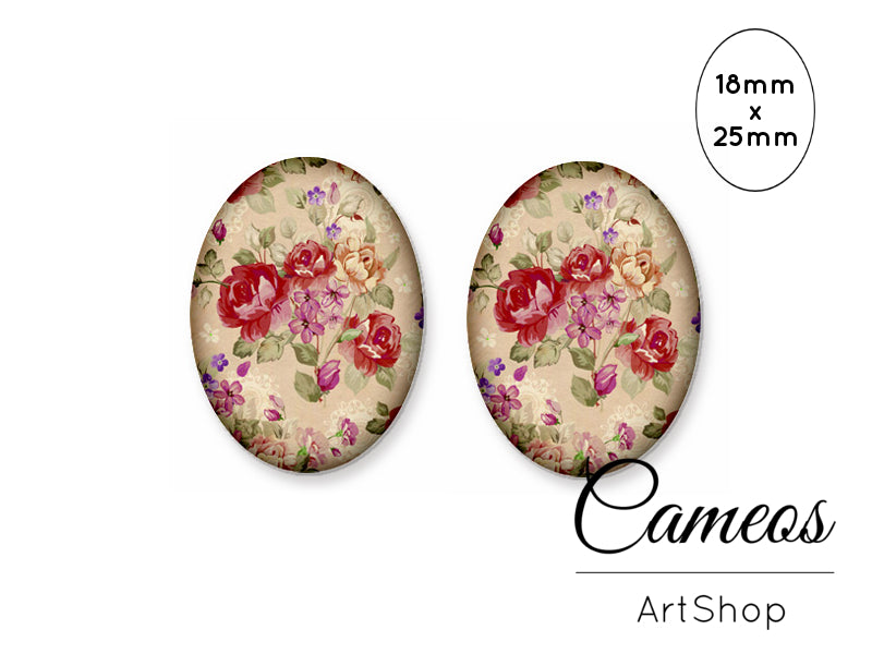 Oval Glass Cabochon 18x25mm Floral Motive 2 pieces - O254 - Cameos Art Shop