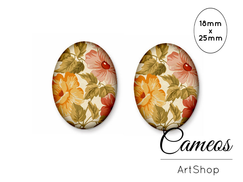 Oval Glass Cabochon 18x25mm Floral Motive 2 pieces - O255 - Cameos Art Shop