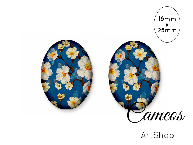 Oval Glass Cabochon 18x25mm Blue Floral Motive 2 pieces - O256 - Cameos Art Shop