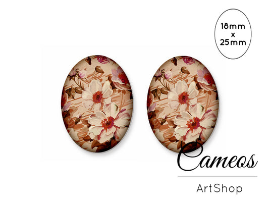 Oval Glass Cabochon 18x25mm Floral Motive 2 pieces - O257 - Cameos Art Shop