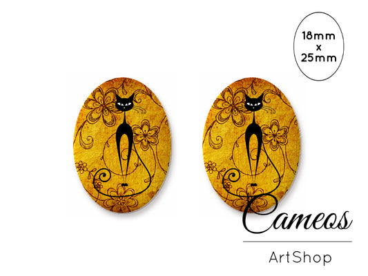 Oval Glass Cabochon 18x25mm Black Cat 2 pieces - O260 - Cameos Art Shop