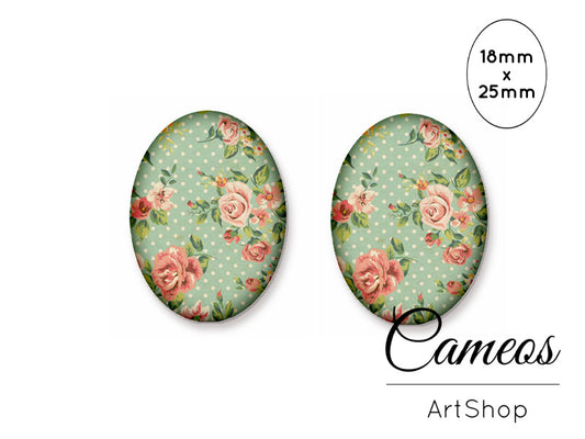 Oval Glass Cabochon 18x25mm Floral Motive 2 pieces - O266 - Cameos Art Shop