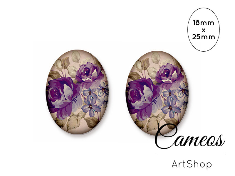 Oval Glass Cabochon 18x25mm Floral Motive 2 pieces - O270 - Cameos Art Shop