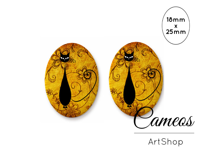 Oval Glass Cabochon 18x25mm Black Cat 2 pieces - O271 - Cameos Art Shop