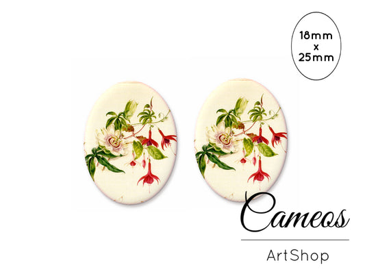 Oval Glass Cabochon 18x25mm Flowers 2 pieces - O272 - Cameos Art Shop
