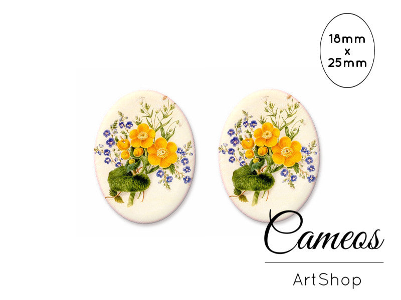 Oval Glass Cabochon 18x25mm Yellow Flowers 2 pieces - O273 - Cameos Art Shop