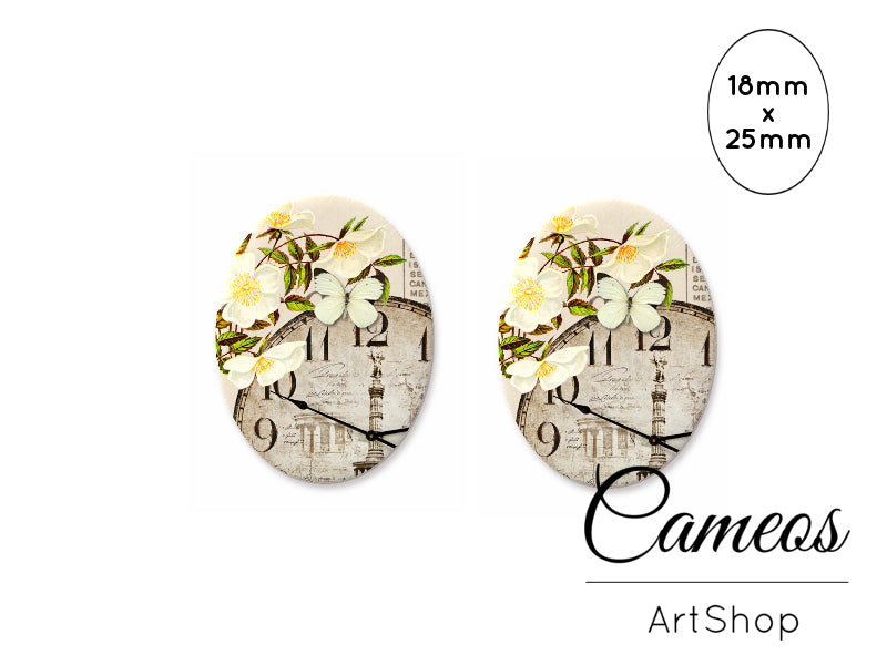 Oval Glass Cabochon 18x25mm Clock Motive 2 pieces - O274 - Cameos Art Shop