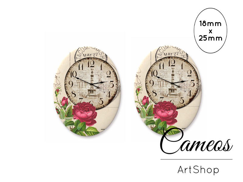 Oval Glass Cabochon 18x25mm Clock Motive 2 pieces - O275 - Cameos Art Shop