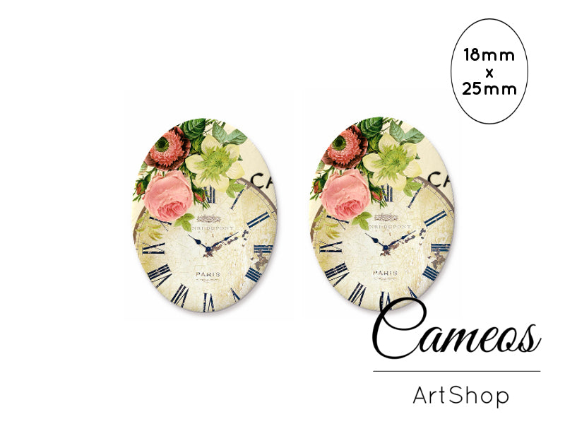 Oval Glass Cabochon 18x25mm Clock Motive 2 pieces - O276 - Cameos Art Shop