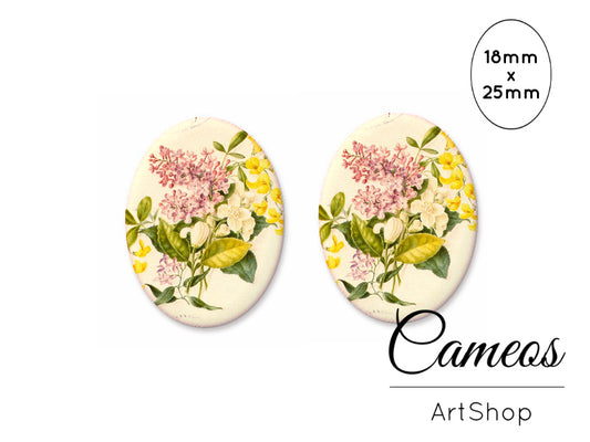 Oval Glass Cabochon 18x25mm Yellow Flowers 2 pieces - O277 - Cameos Art Shop