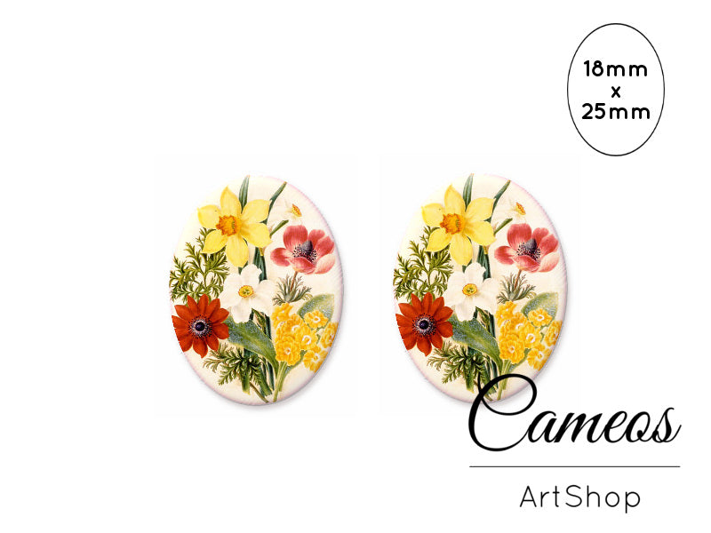 Oval Glass Cabochon 18x25mm Bouquet of flowers 2 pieces - O279 - Cameos Art Shop