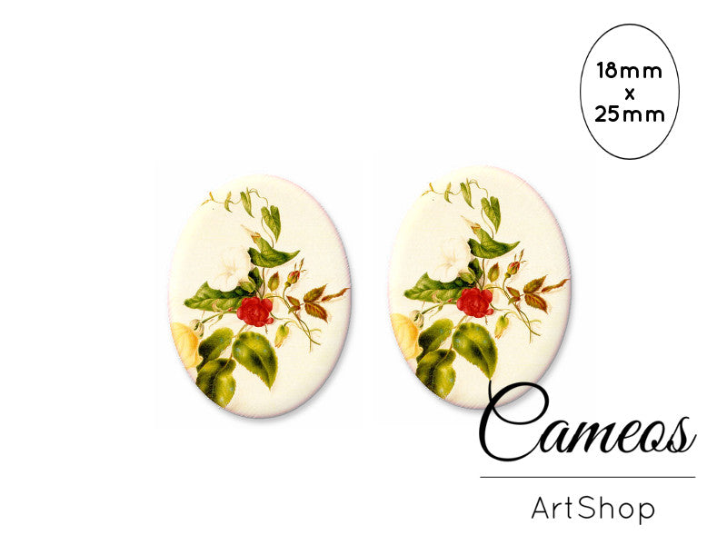 Oval Glass Cabochon 18x25mm Spring flowers 2 pieces - O280 - Cameos Art Shop