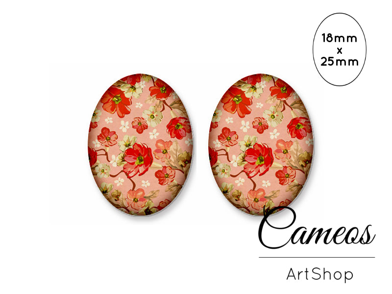Oval Glass Cabochon 18x25mm Red Floral Motive 2 pieces - O281 - Cameos Art Shop