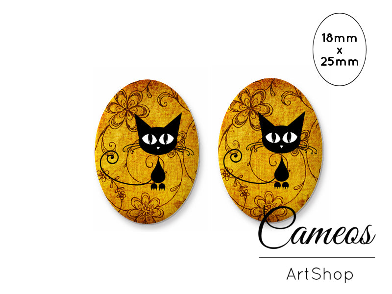 Oval Glass Cabochon 18x25mm Black Cat 2 pieces - O283 - Cameos Art Shop