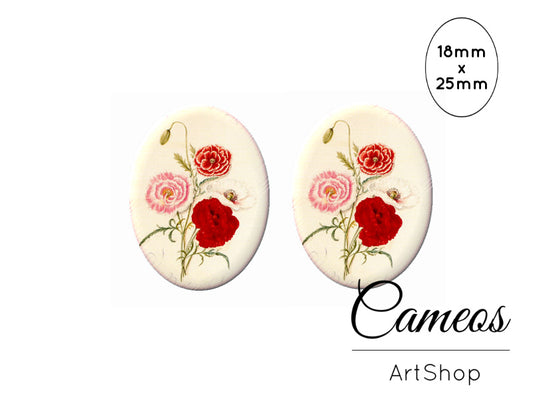 Oval Glass Cabochon 18x25mm Red flowers 2 pieces - O284 - Cameos Art Shop