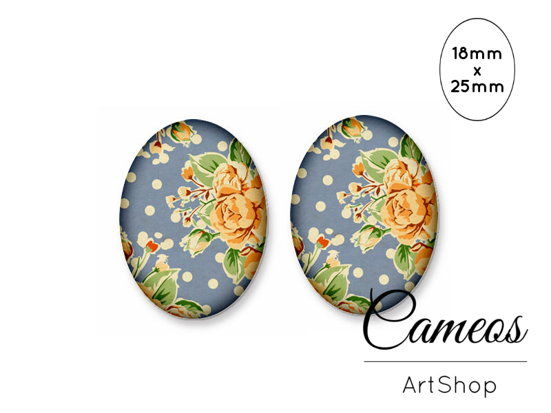 Oval Glass Cabochon 18x25mm Blue Floral Motive 2 pieces - O285 - Cameos Art Shop
