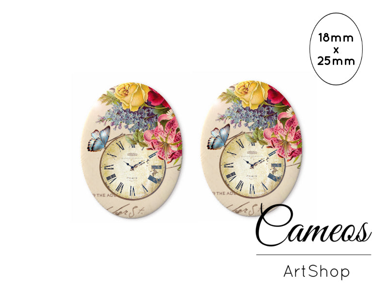 Oval Glass Cabochon 18x25mm Clock Motive 2 pieces - O290 - Cameos Art Shop