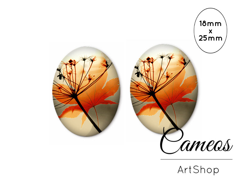 Oval Glass Cabochon 18x25mm Orange Floral 2 pieces - O291 - Cameos Art Shop