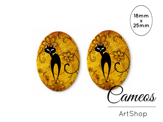 Oval Glass Cabochon 18x25mm Black Cat 2 pieces - O293 - Cameos Art Shop