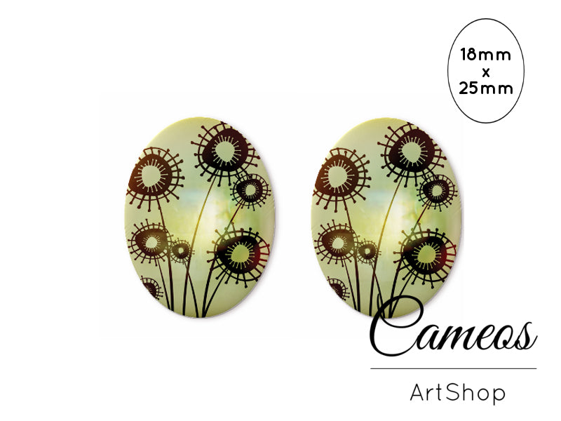 Oval Glass Cabochon 18x25mm Green Floral 2 pieces - O297 - Cameos Art Shop