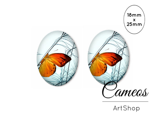 Oval Glass Cabochon 18x25mm Butterfly 2 pieces - O299 - Cameos Art Shop