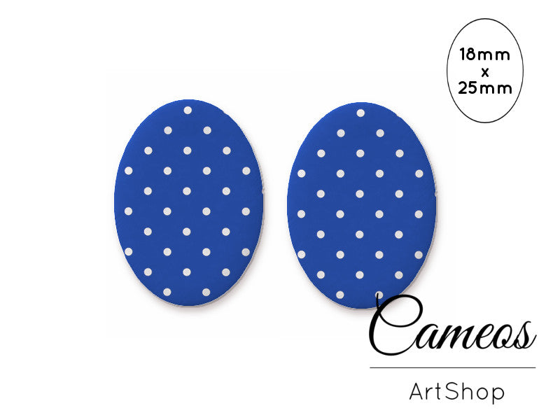 Oval Dome Glass Cabochon 18x25mm Blue Dots motive 2 pieces - O337 - Cameos Art Shop