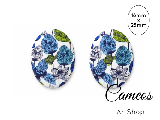 Oval Glass Cabochon 18x25mm Floral motive 2 pieces -O770 - Cameos Art Shop